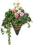 Artificial Pink and White Azalea and Geranium Display in a 12" Cone Willow Hanging Basket
